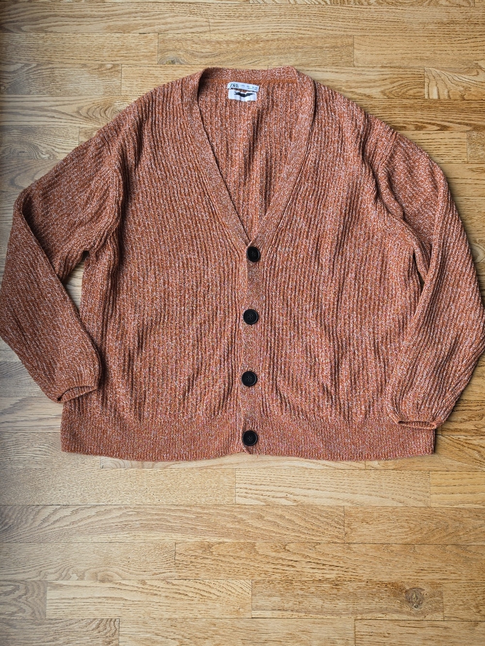 (L) Zara Rust Heathered Marled V-Neck Button Cardigan Boxy Knit Lounge Weekend